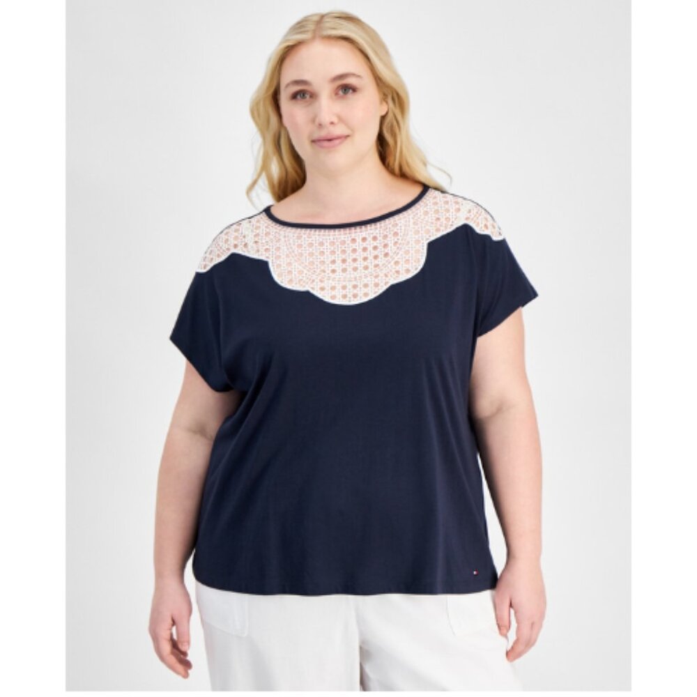 Tommy Hilfiger Women's Lace-Bib Extended-Sleeve Top Sky Captain Size 1X NWT